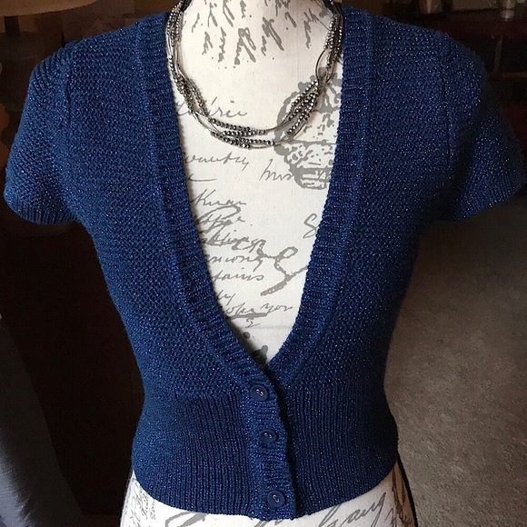 EXPRESS Cropped Short Sleeve Bolero Royal Blue Sweater Top & Necklace Set, M - Picture 3 of 12